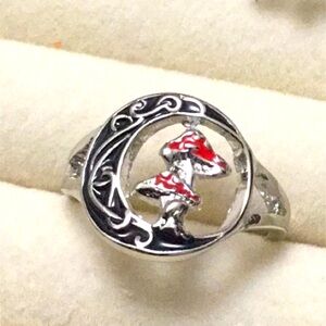 $5🔥 Silver Crescent Moon Mushroom Fairy Ring